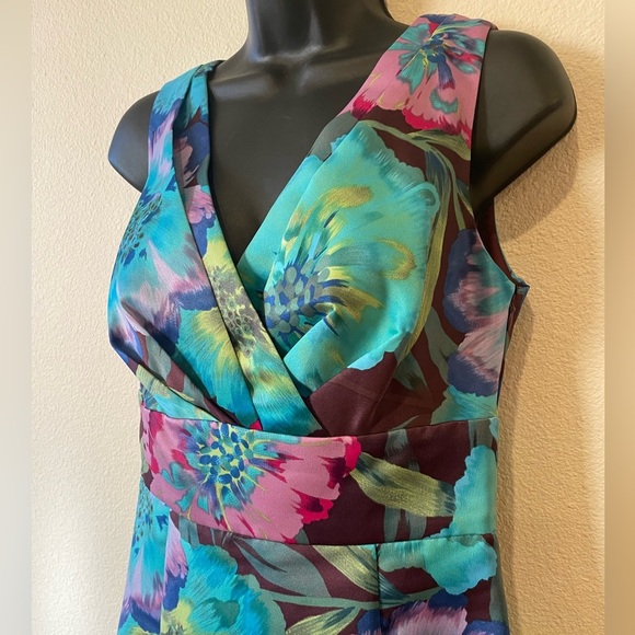 NWOT Calvin Klein Tropical Blue & Pink Floral Satin sleeveless midi dress. Small - Picture 9 of 10